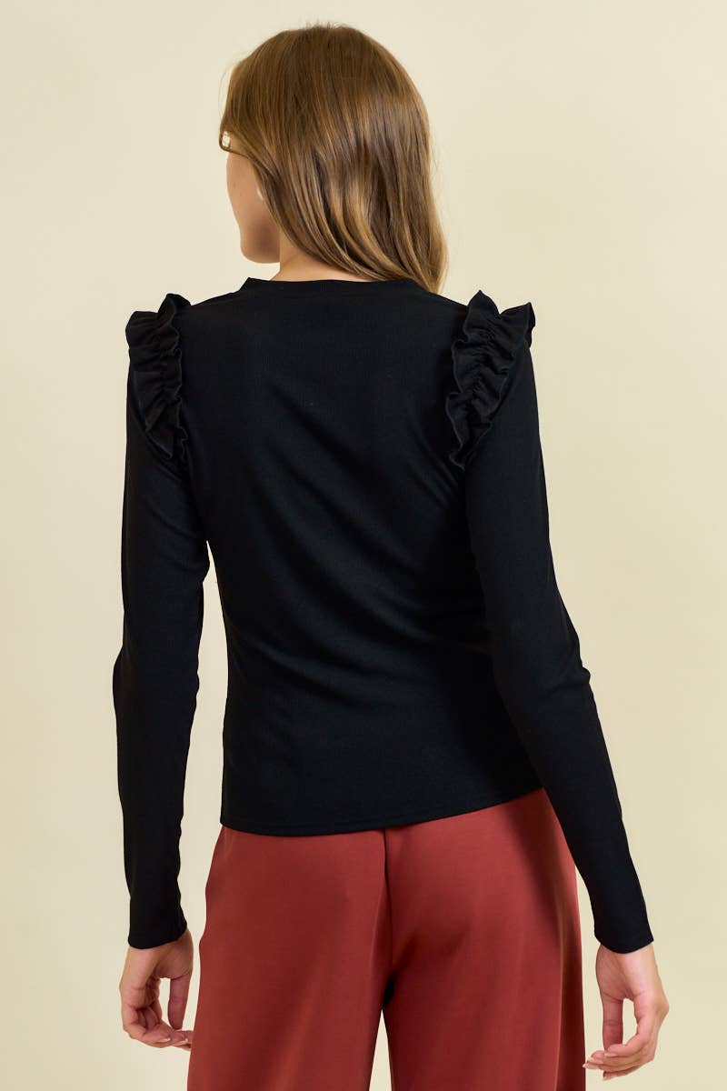 FAUX SUEDE RUFFLE SHOULDER LONG SLEEVE TOP