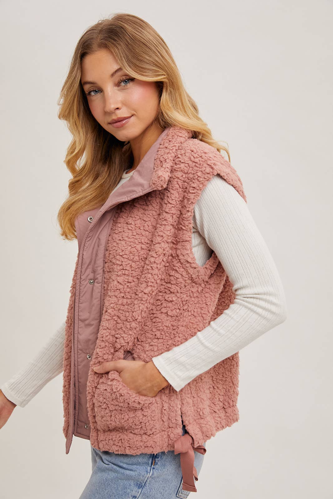 BUTTON DOWN MOCK NECK FLEECE SHERPA VEST