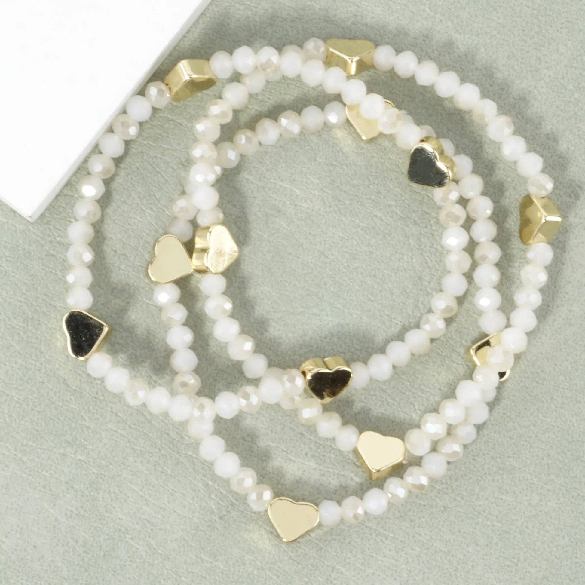 3-PC Set Faceted Glass Beads Hearts Stretch Bracelets