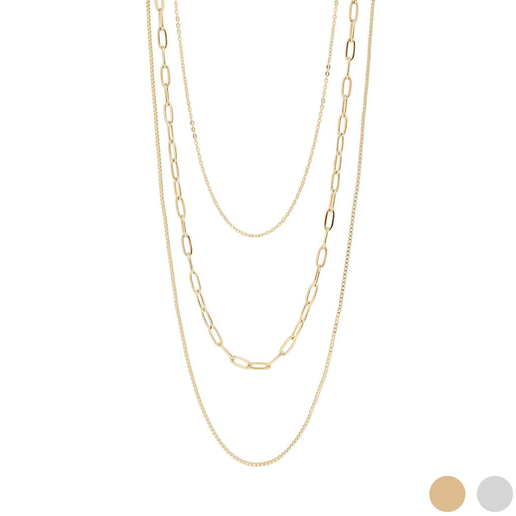 18K Gold PVD Stainless Steel Loop, Box, and Paperclip Layered Chain Necklace