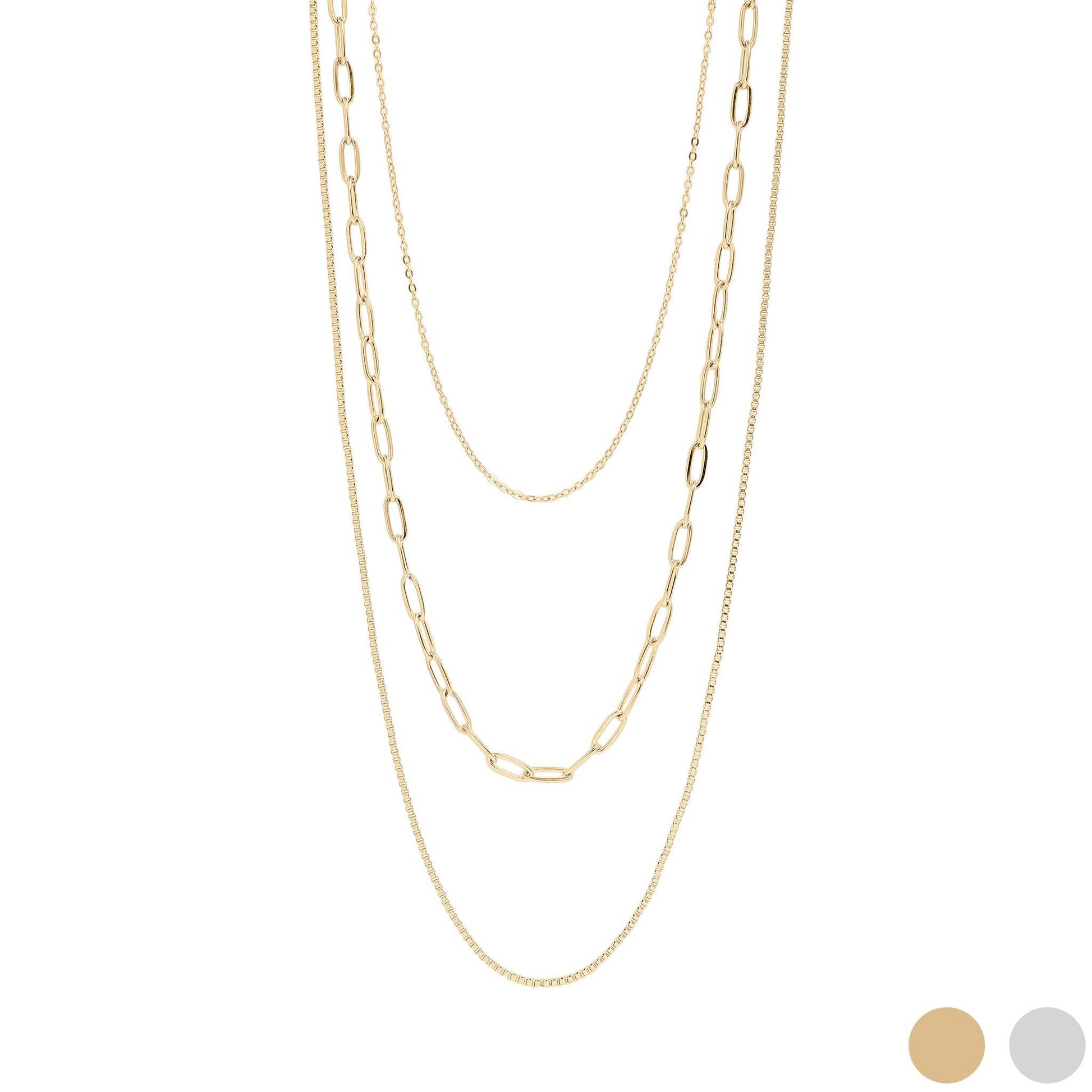 18K Gold PVD Stainless Steel Loop, Box, and Paperclip Layered Chain Necklace