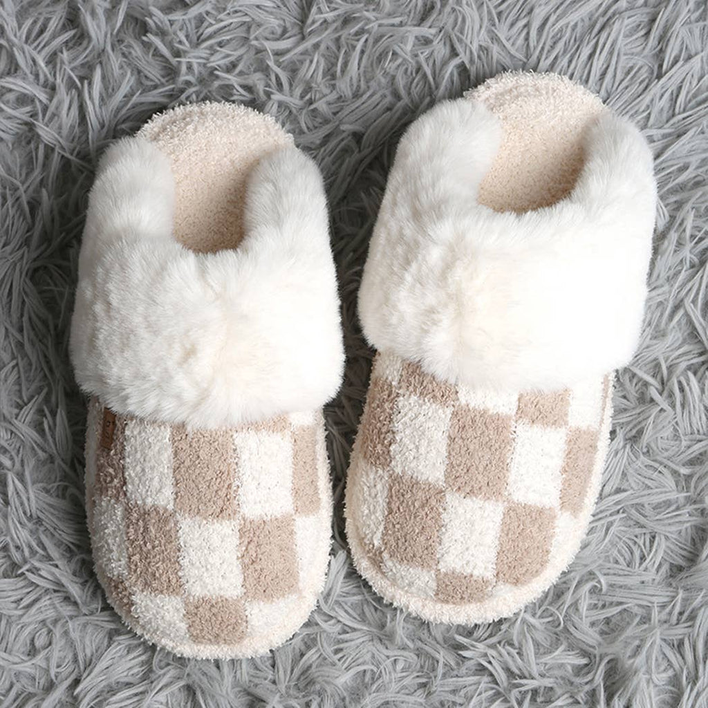 Checkered Faux Fur Cuff Luxury Soft Slipper