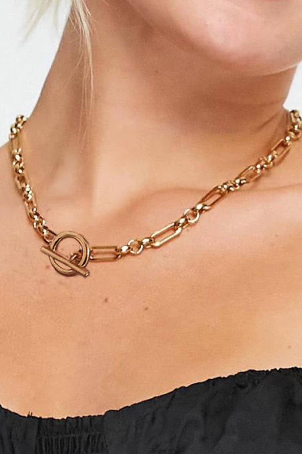 18K Gold Plated Waterproof Stainless Steel Paperclip Toggle Necklace