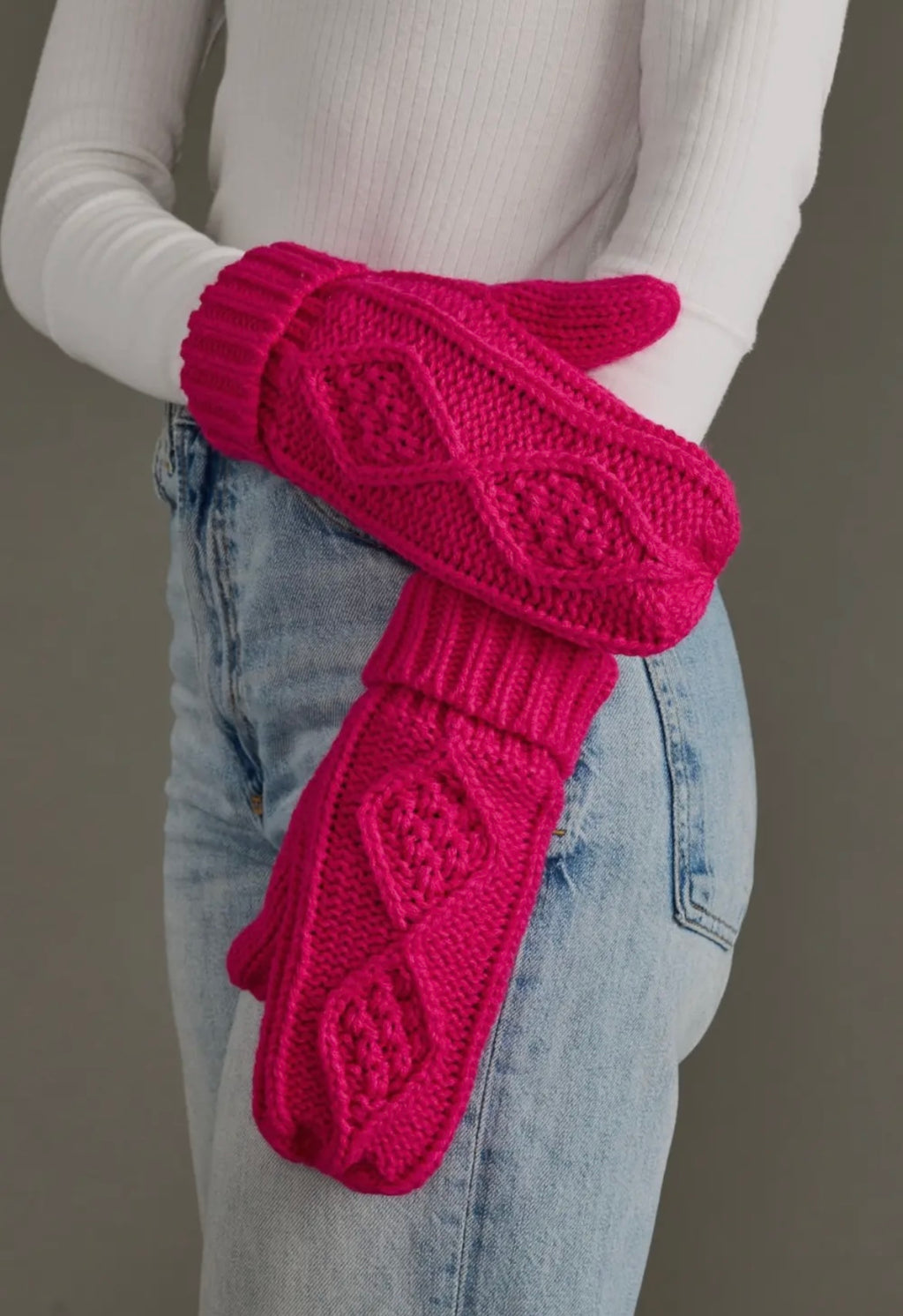 Bright Pink Cable Knit Mittens
