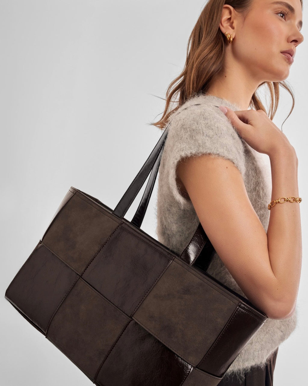 Taya Hand Woven Suedette Tote Bag in Bitter Chocolate