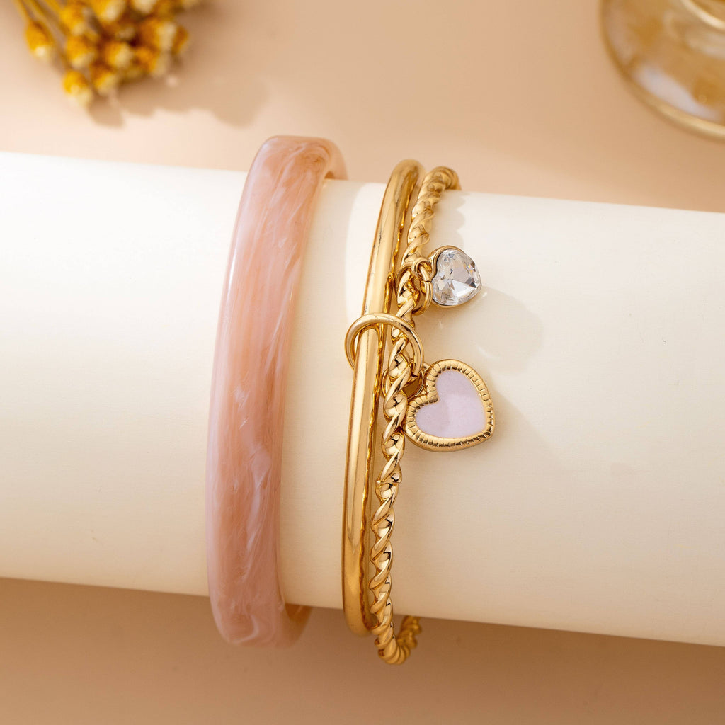 Gold and Acrylic Heart Charm Multi Bangle Set