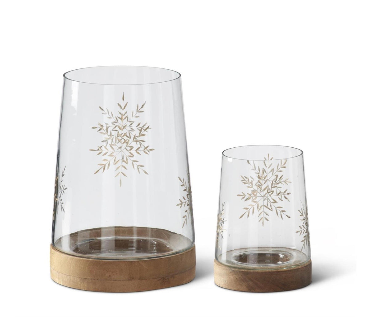 Glass Gold Etched Snowflake Lanterns with Wood Base
