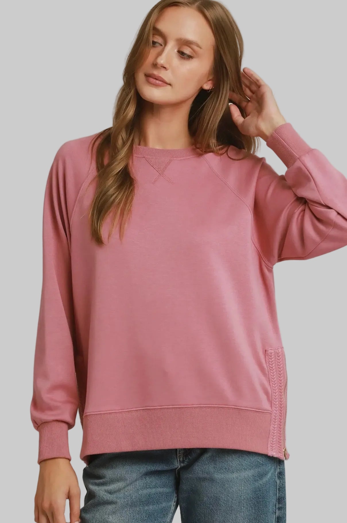Luxe Knit Side Detail Zip Crewneck