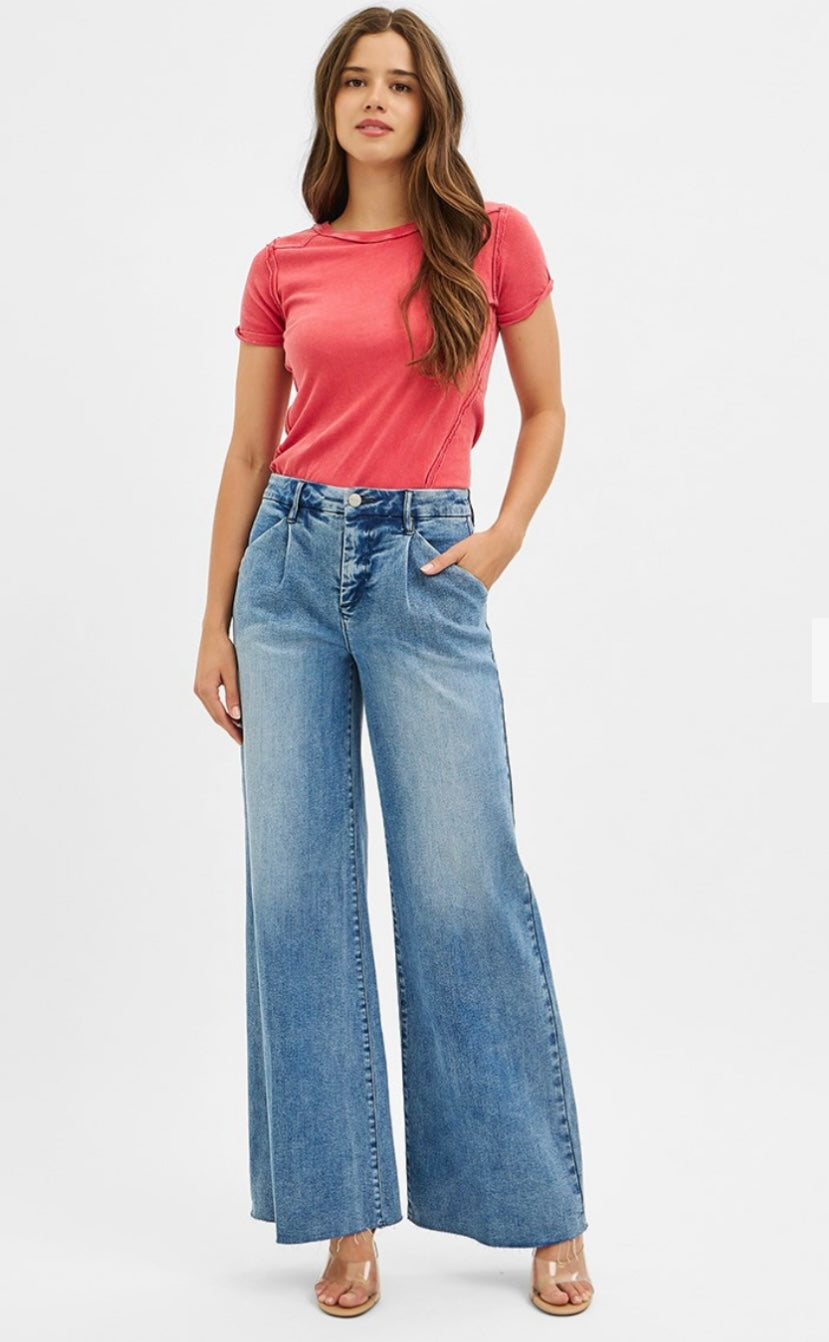 Risen High Rise Wide Leg Pleated Jeans