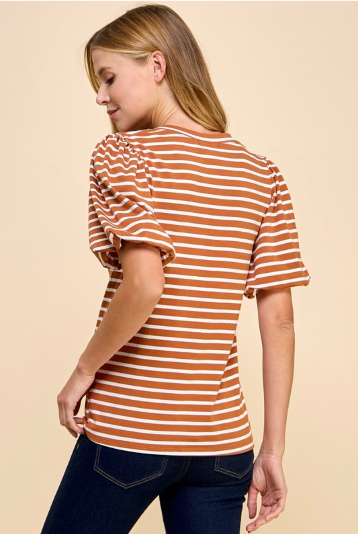 Striped Knit Top with Puff Sleeves