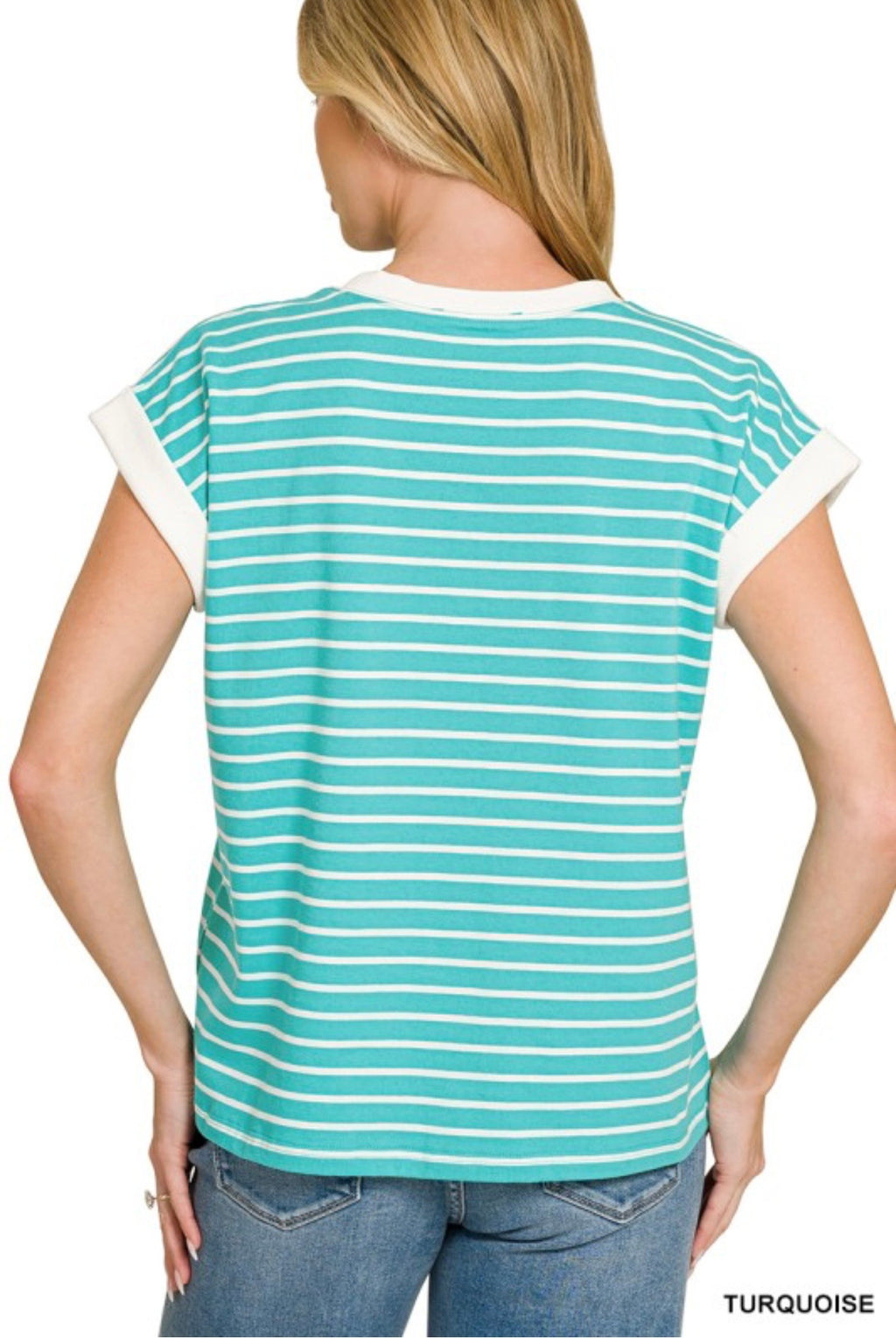 Contrast Trim Cap Sleeve Stripe Tee