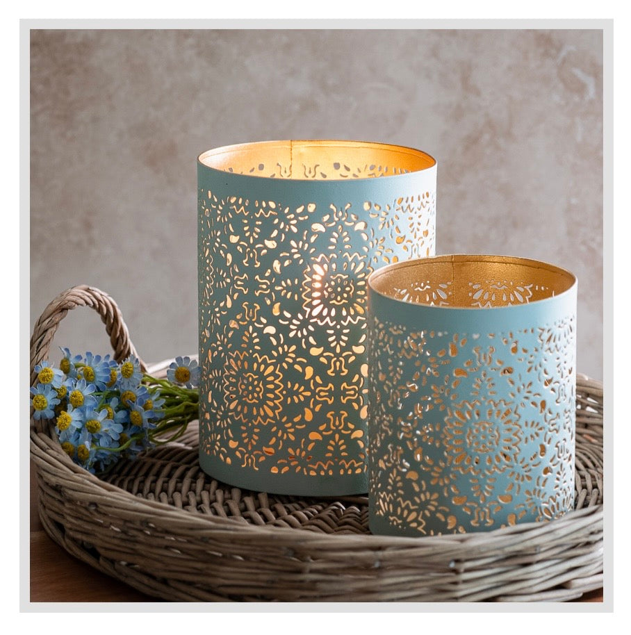 Light Blue Cut Out Metal Lanterns