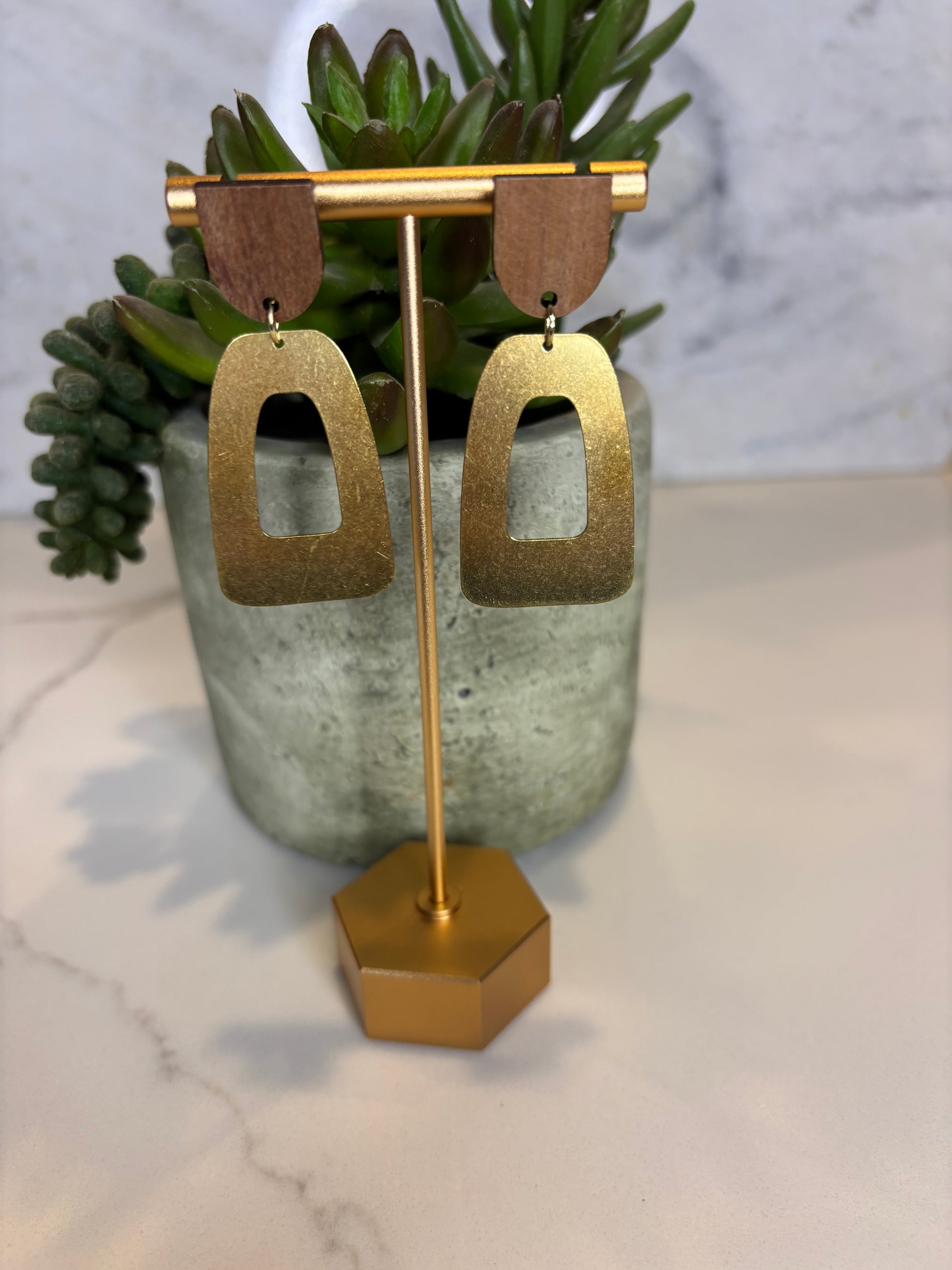 Large Gold Metal and Wood Chunky Rectangular Hoop Earrings