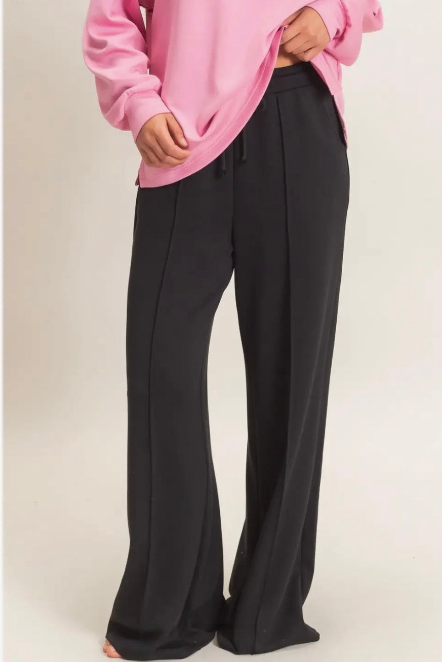Drawstring Waist Pintuck Wide Leg Pants