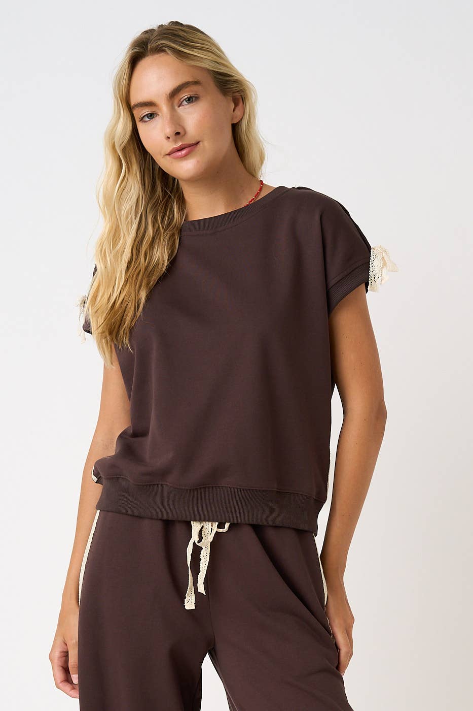 LACE STRIPED BOW SLEEVELESS SWEATSHIRT TOP