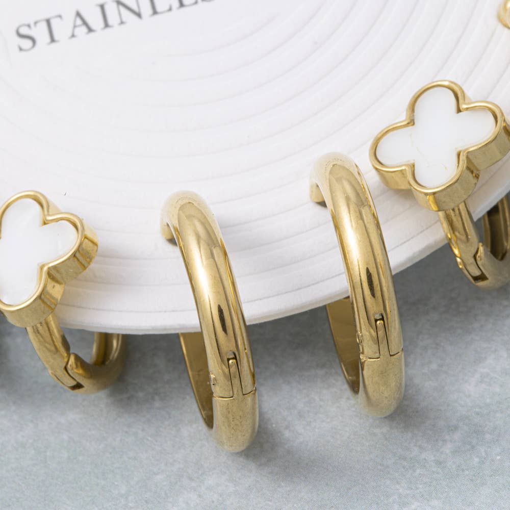 Stainless Steel Clover And Hoop Earrings Set