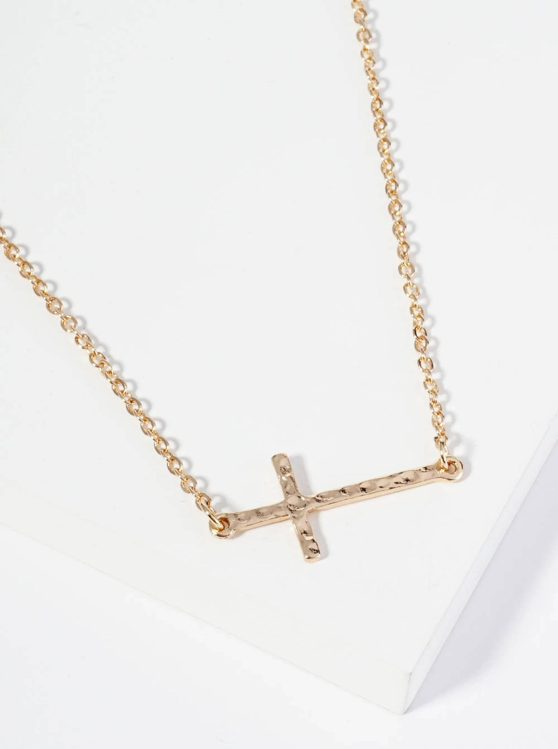 Hammered Metal 1 Inch Sideways Cross Pendant Necklace