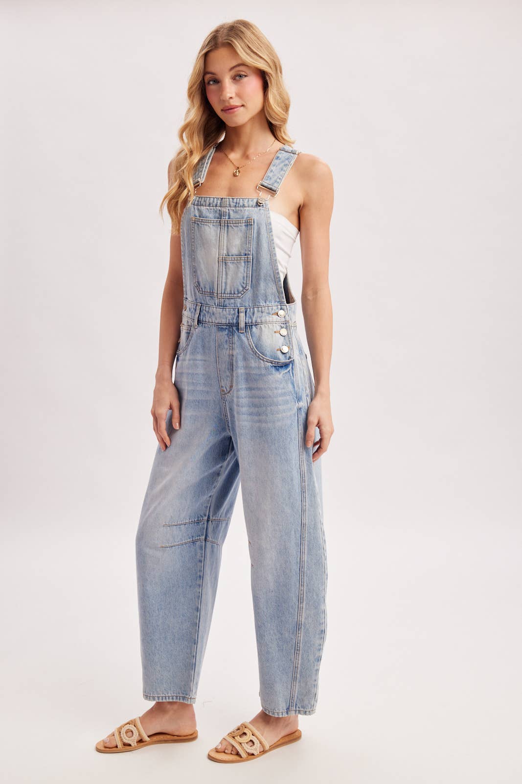 DENIM MINI BARREL OVERALLS