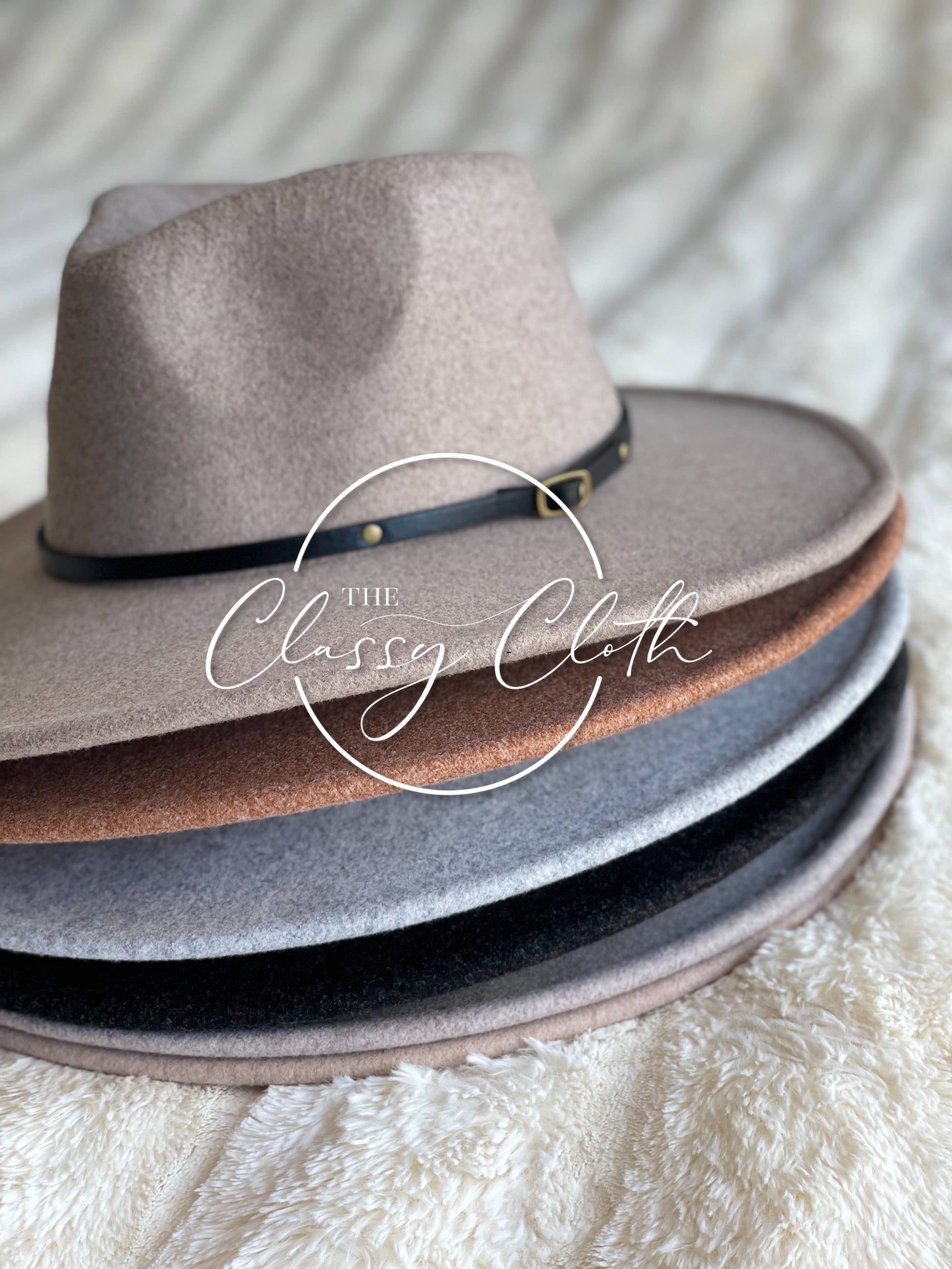 Wool Blend Wide Brim Hat w/ Belt - Camel