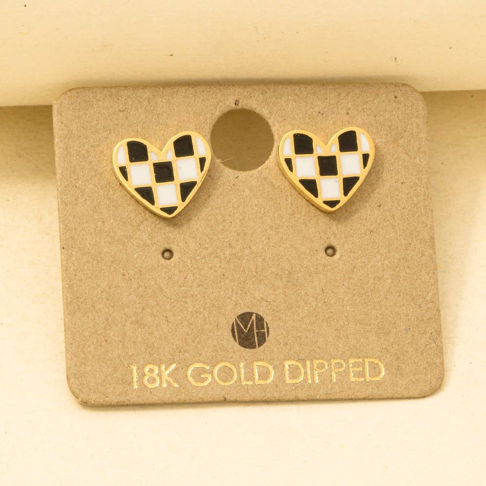Gold Dipped Checkered Heart Stud Earrings
