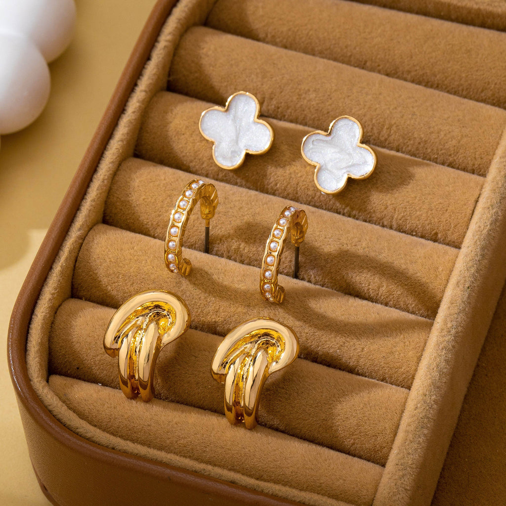 Gold-Tone Clover Pearl Huggie Hoop Earring Trio Se