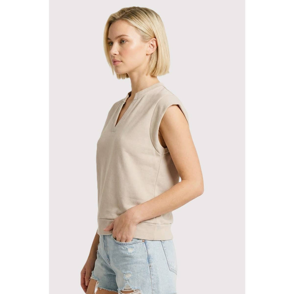 SPLIT NECK CAP SLEEVE SWEATSHIRT