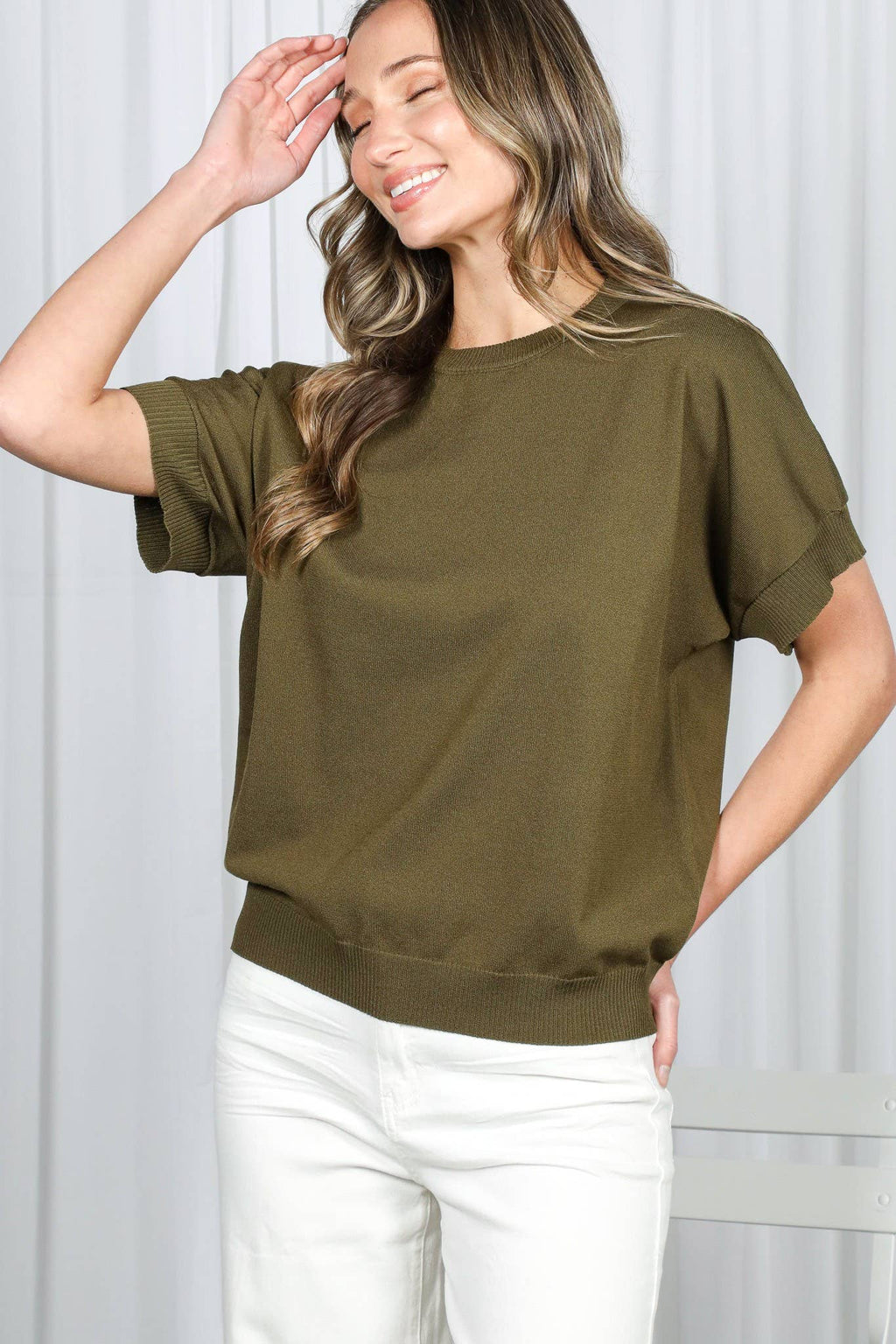 Crew Neck Short Dolman Lightweight Sweater