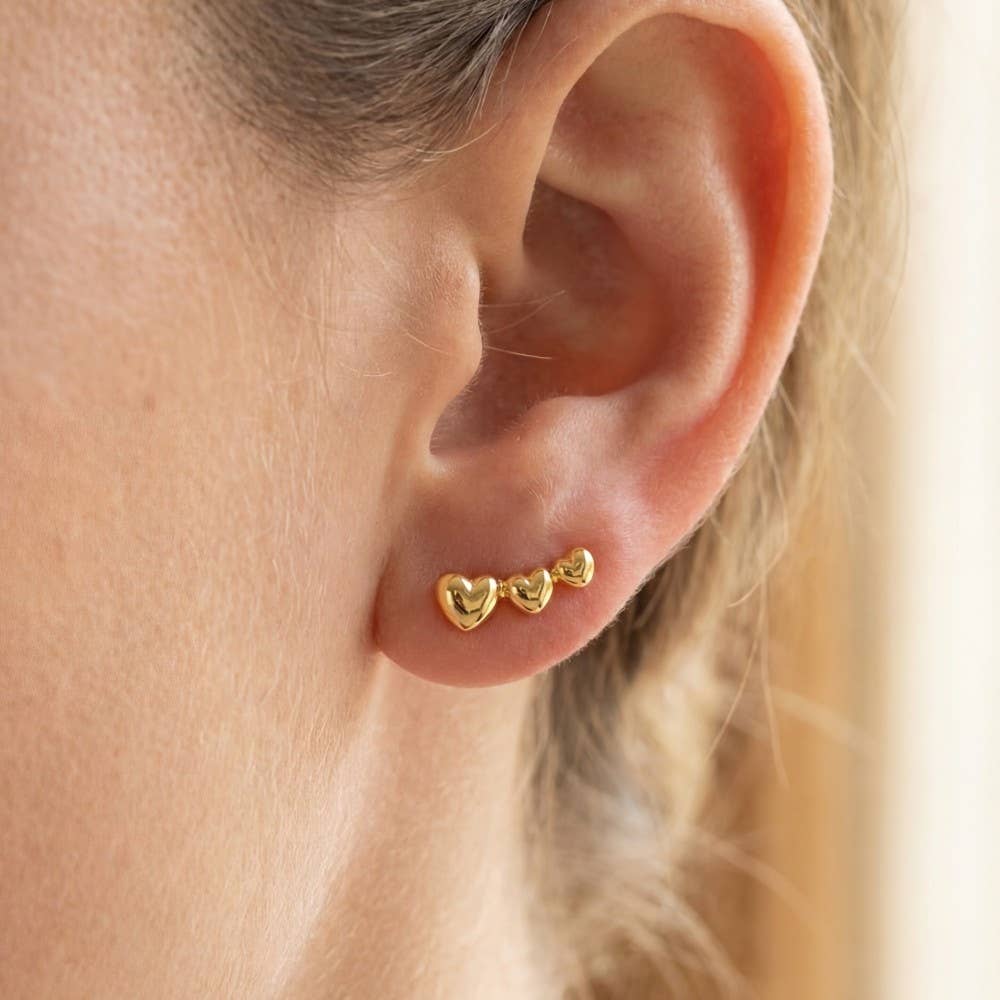 Gold Dipped Triple Heart Bar Stud Earrings
