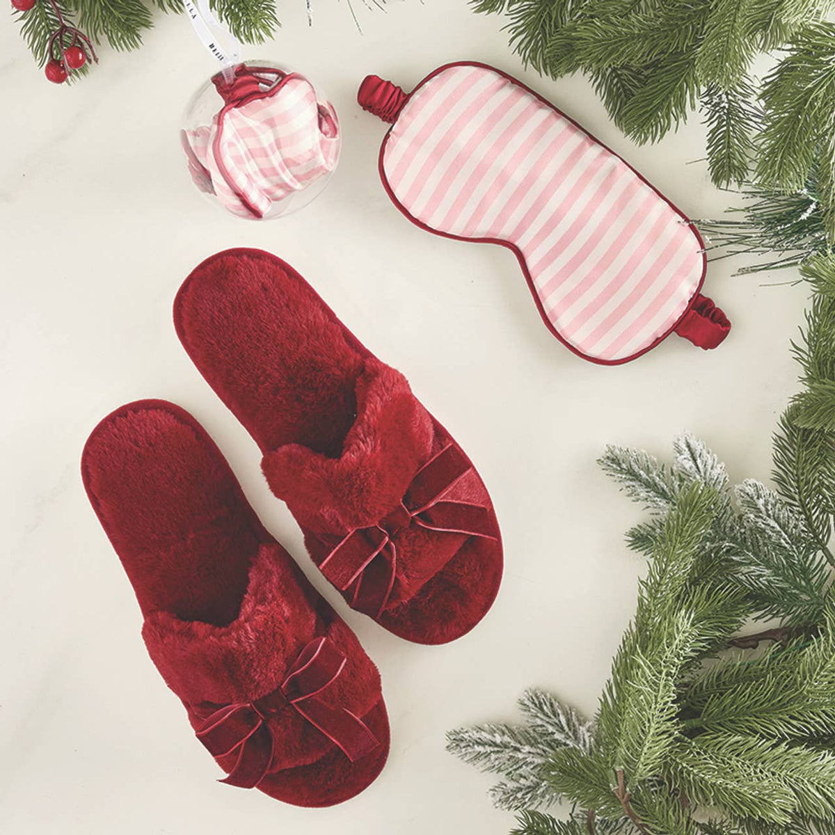 Sleep Mask in Ornament - Light Pink Stripe + Burgundy Trim