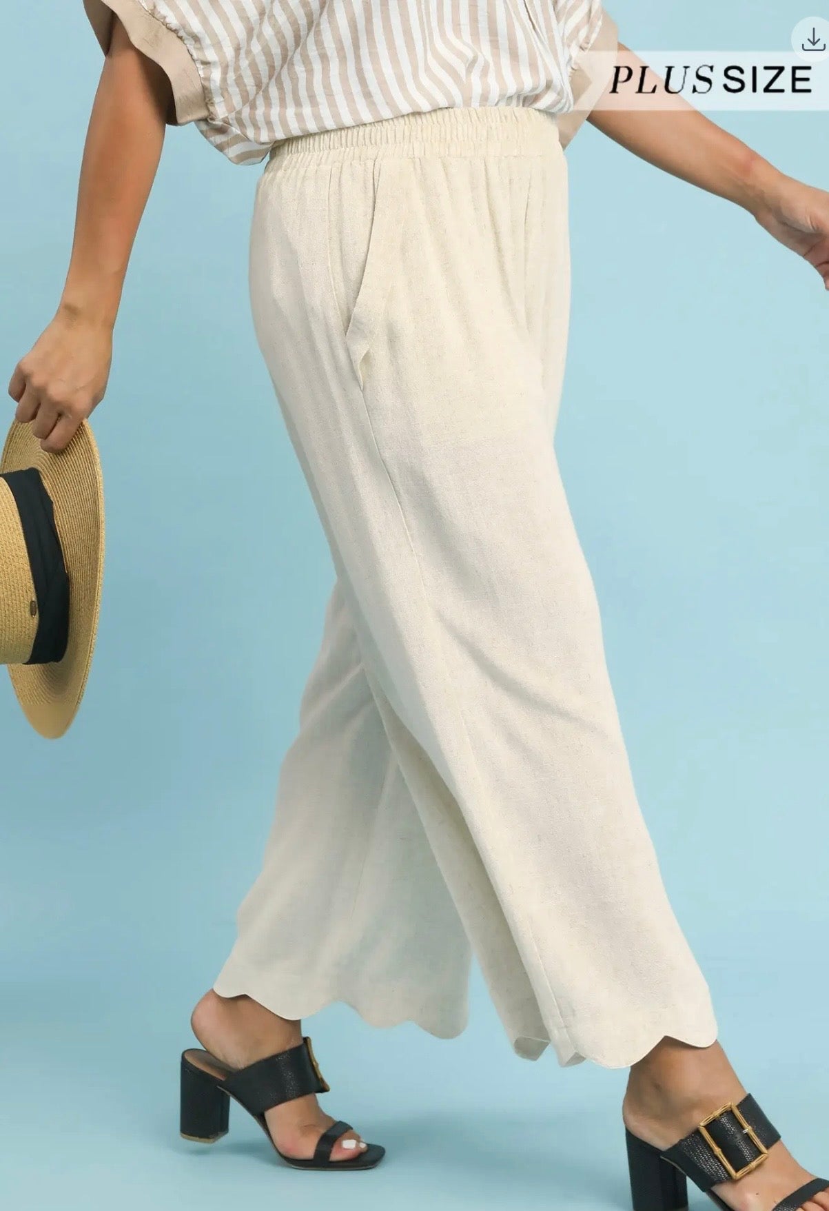 Curvy Linen Blend Scallop Hem Wide Leg Pants
