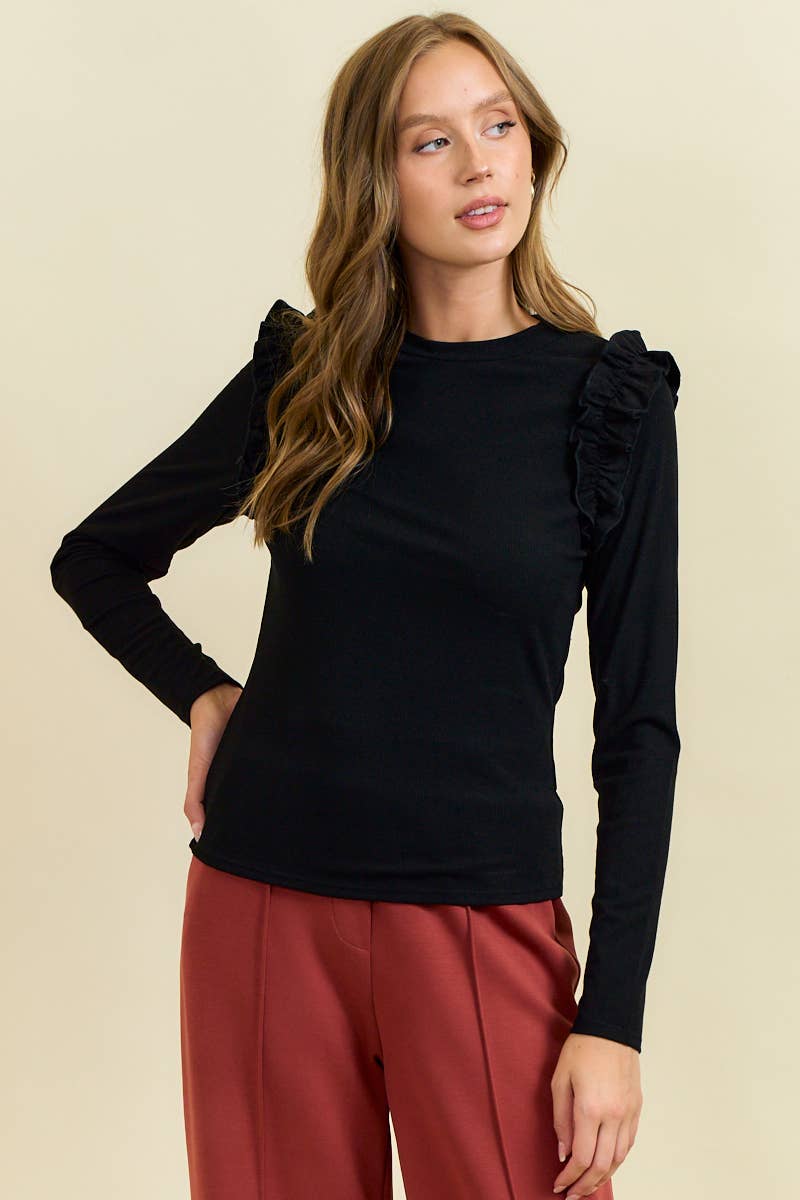 FAUX SUEDE RUFFLE SHOULDER LONG SLEEVE TOP