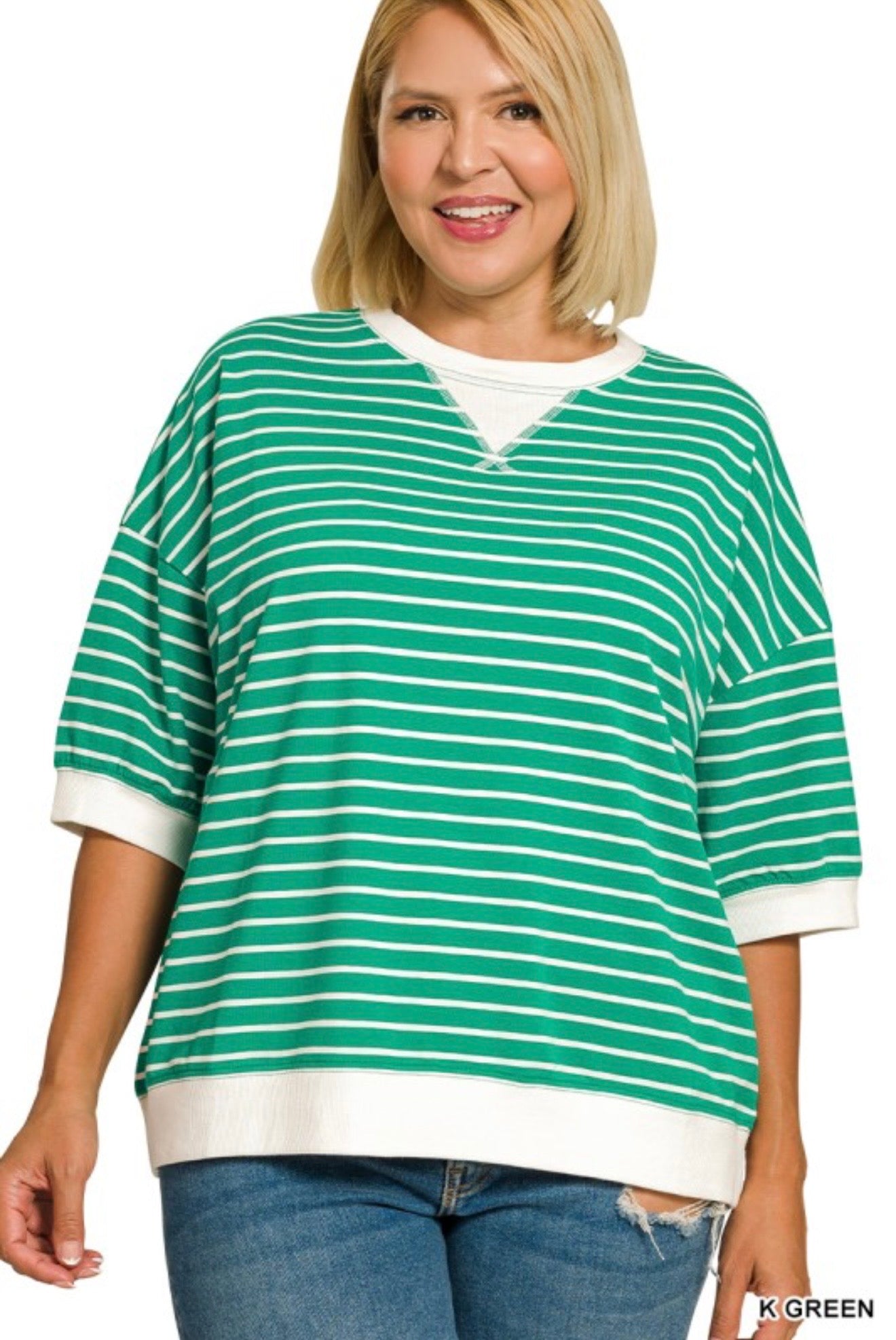 Curvy Short Sleeve Stripe Banded Pullover