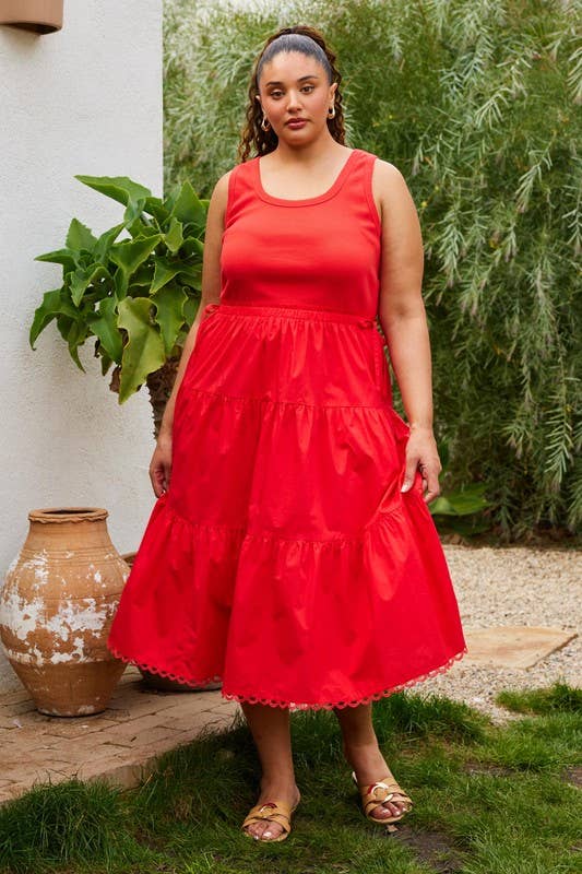 Curvy Sleeveless Knit Tank Poplin Skirt Mixed Media Dress