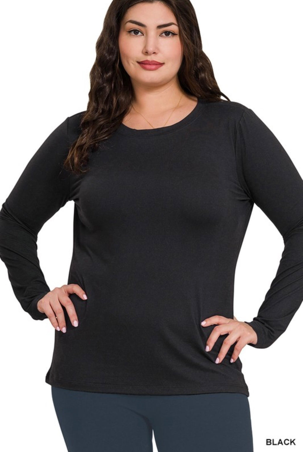 Brushed Microfiber Long Sleeve Round Neck Basic Layering Tee - Sizes up to 3X