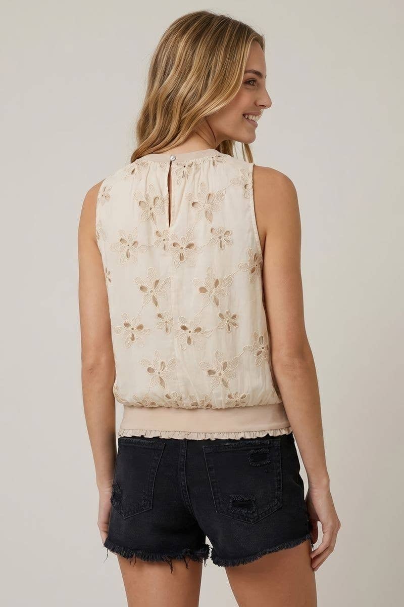 FLORAL EMBROIDERY WITH MINI RUFFLE BUTTON TOP