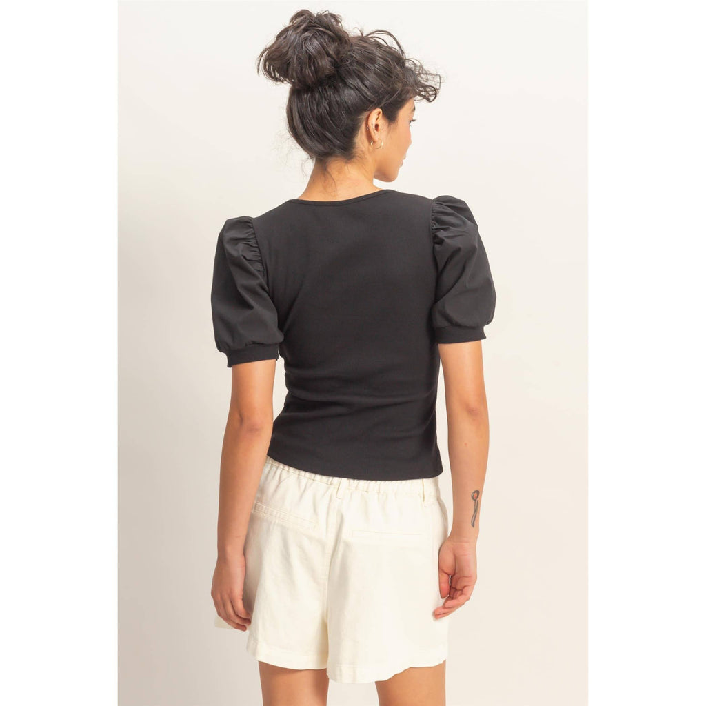 Ribbed Puff Sleeve Scoop Neck Top