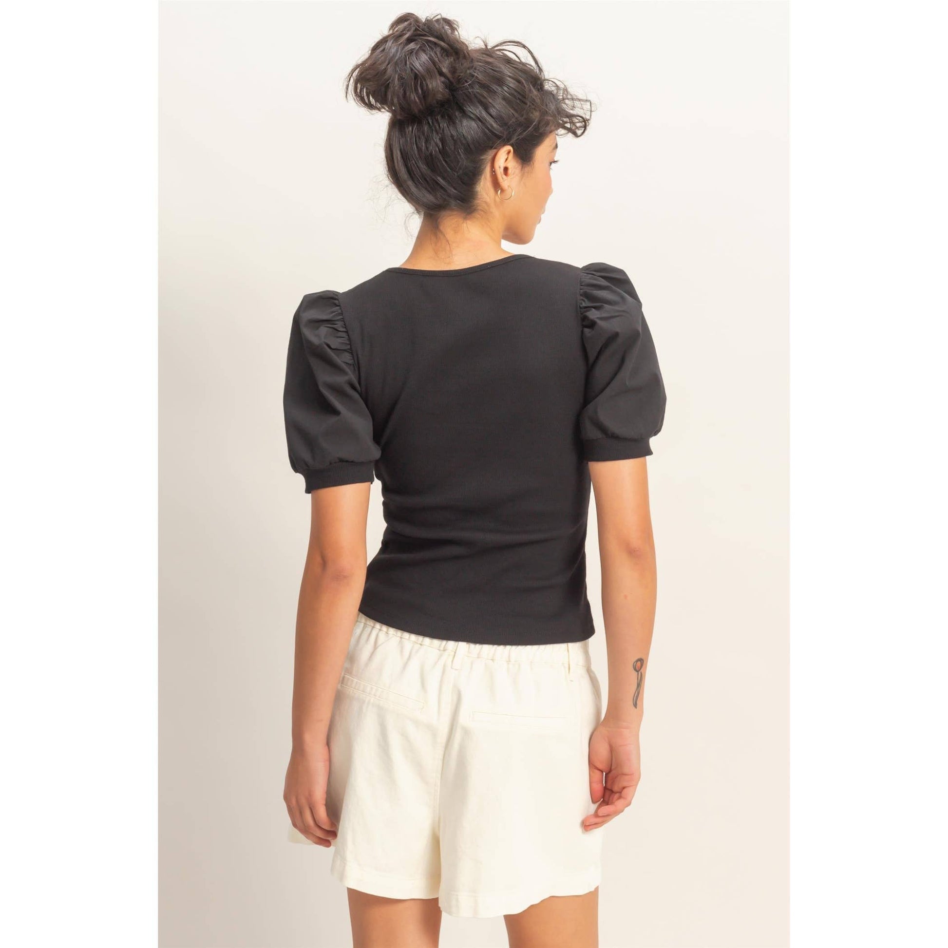 Ribbed Puff Sleeve Scoop Neck Top