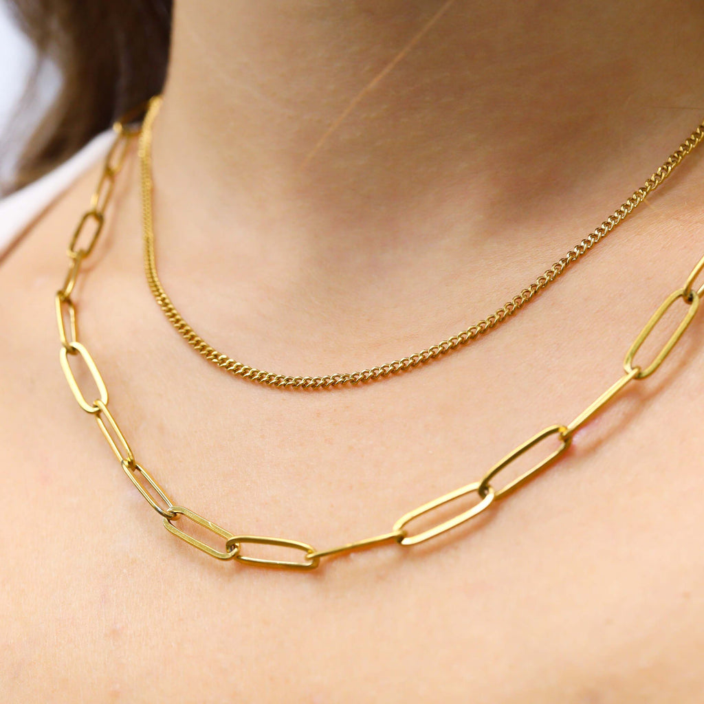 18K Gold PVD Stainless Steel Dainty Curb and Paperclip Layered Chain Necklace: Gold