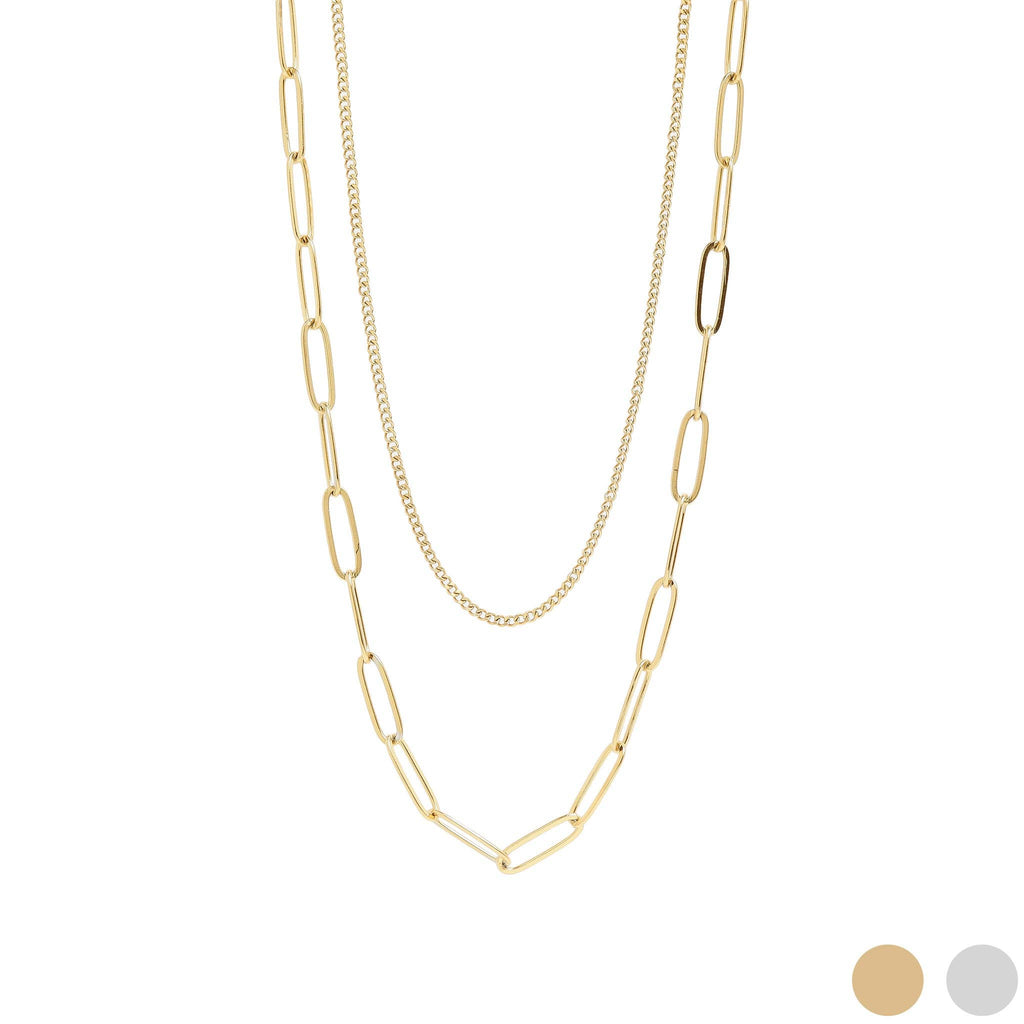 18K Gold PVD Stainless Steel Dainty Curb and Paperclip Layered Chain Necklace: Gold