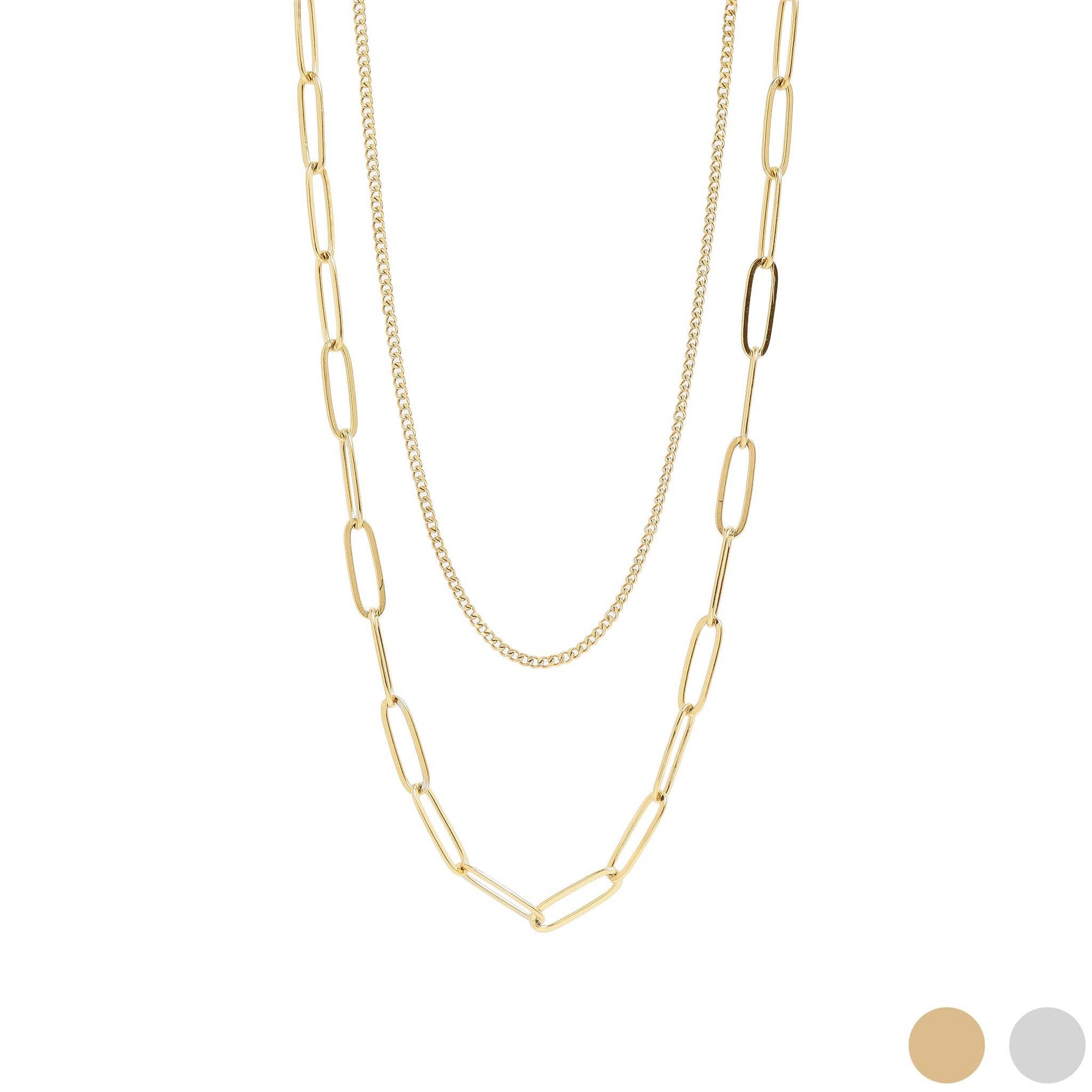 18K Gold PVD Stainless Steel Dainty Curb and Paperclip Layered Chain Necklace: Gold