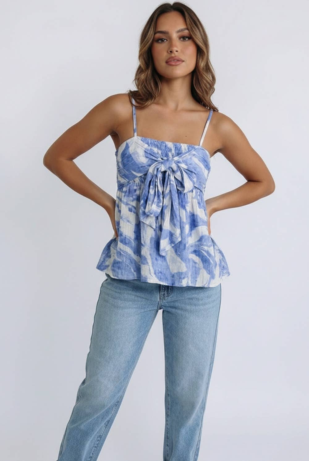 CRINKLE WOVEN SMOCKED CHEST FRONT TIE TOP