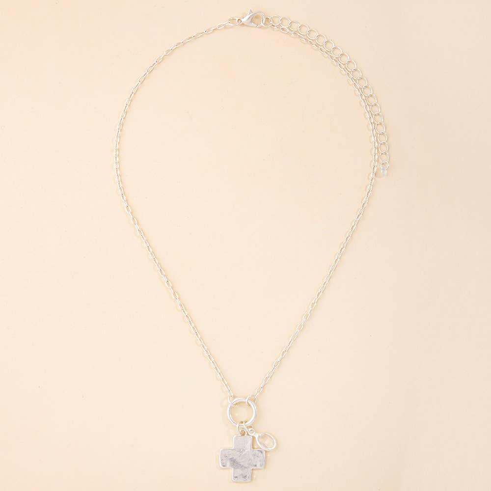 Dainty Hammered Cross And Pearl Charm Necklace