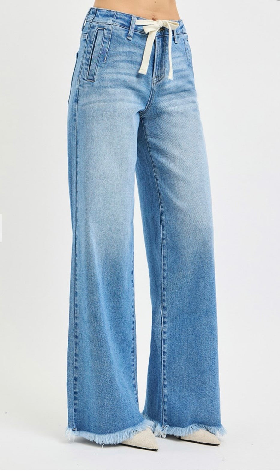 Risen High Rise Drawstring Waist Wide Jeans