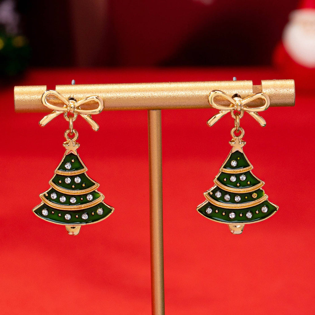 Christmas Tree & Bow Dangle Earrings