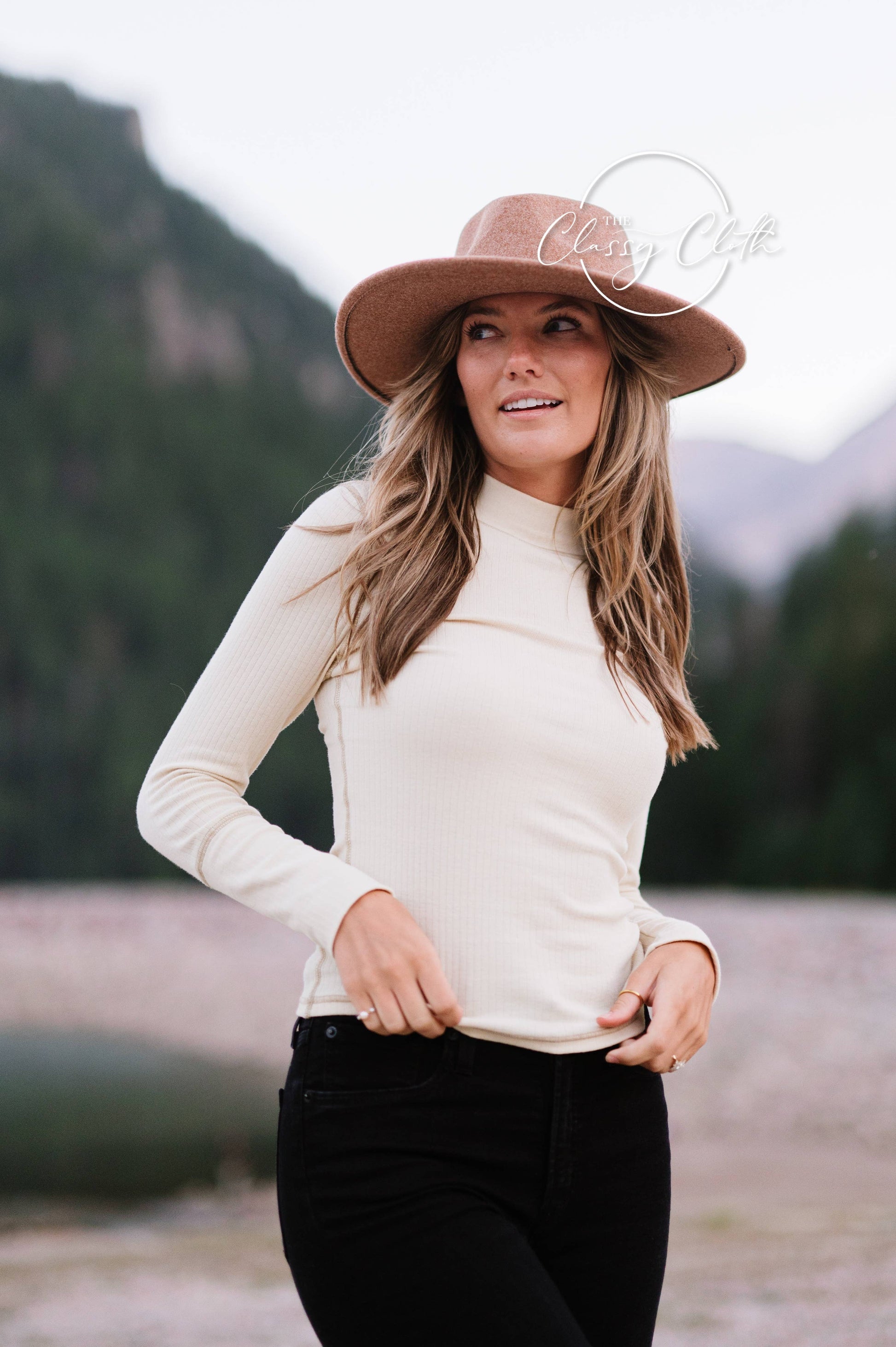 Wool Blend Wide Brim Hat w/ Belt - Camel