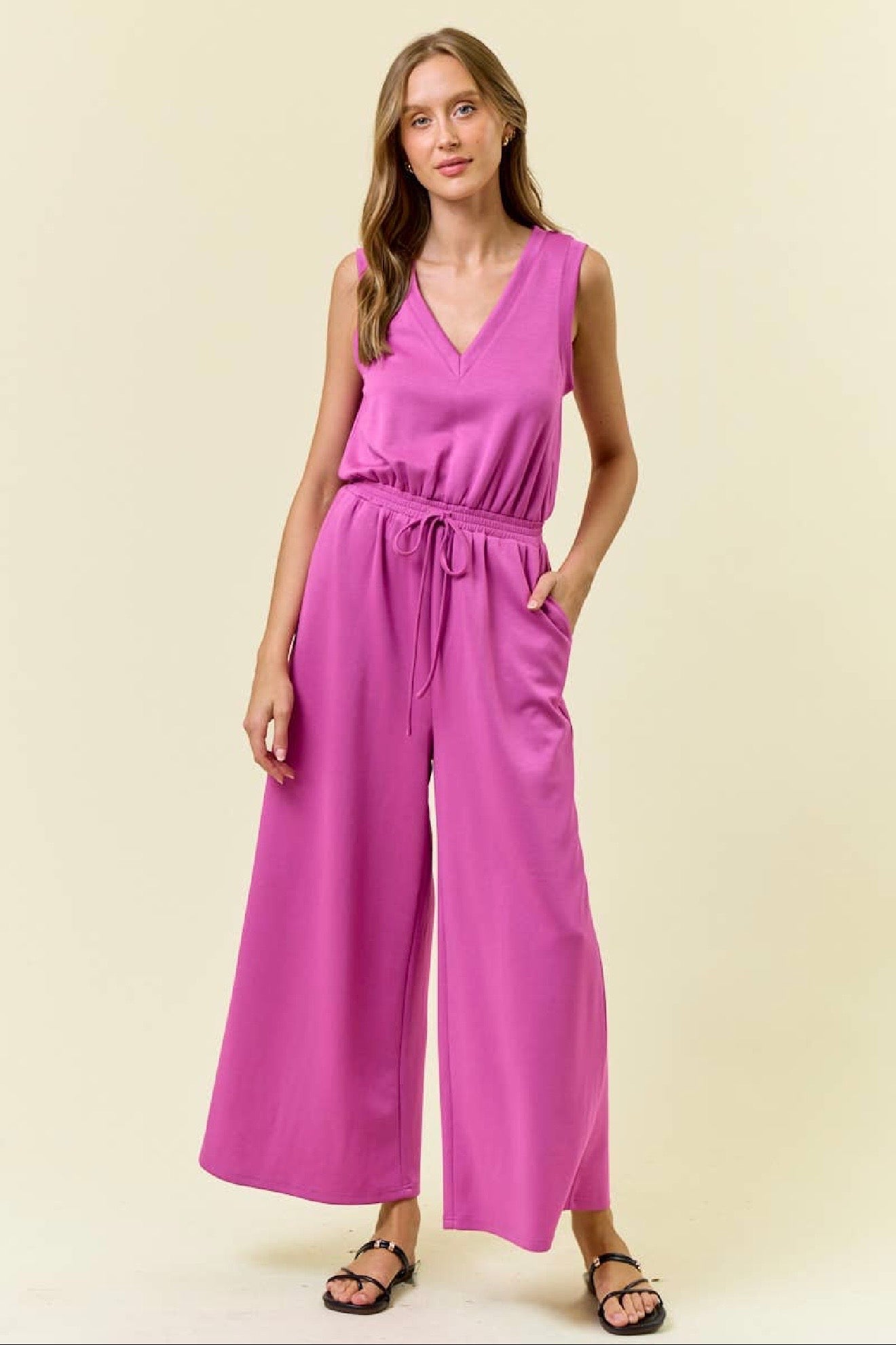V NECK BRUSHED MODAL WIDE CULOTTE LEG JUMPSUIT