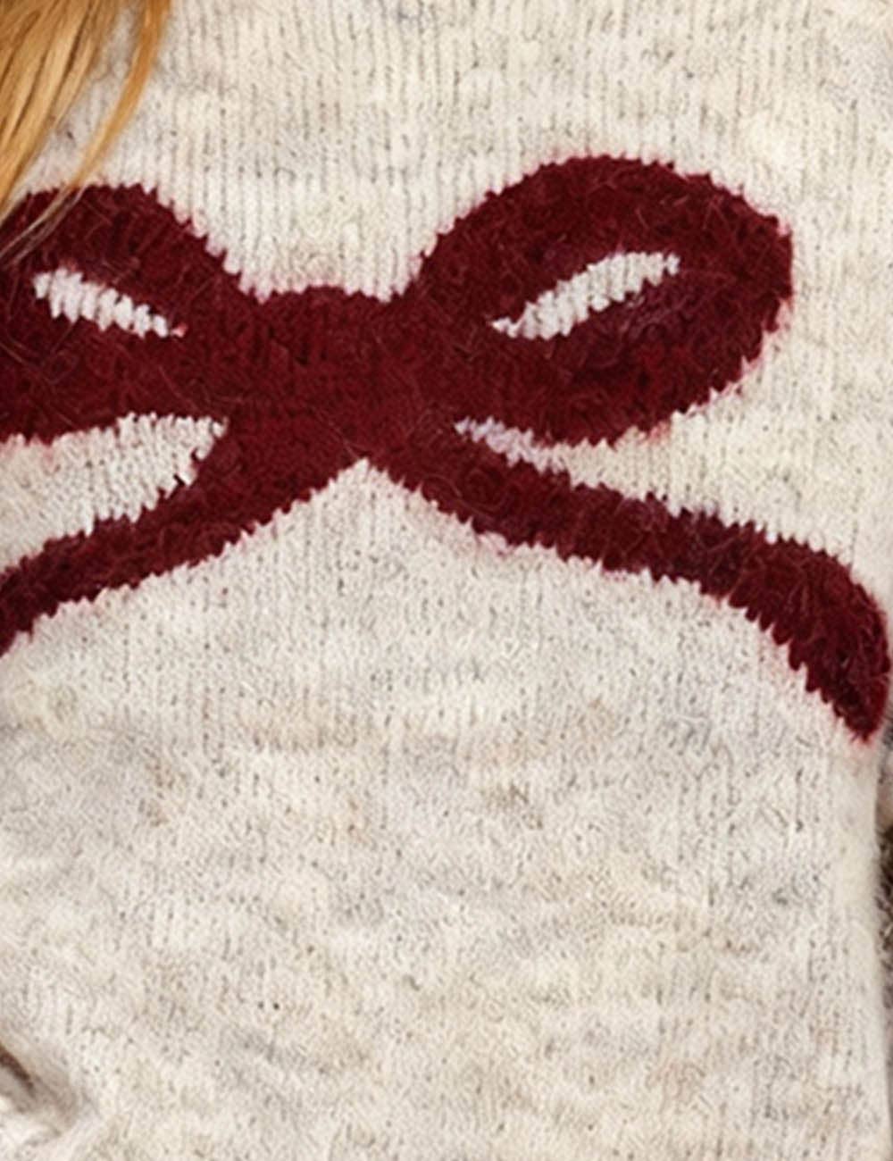 Ladies Round Neck Bow Pattern Ribbed Trim Knit Sweater