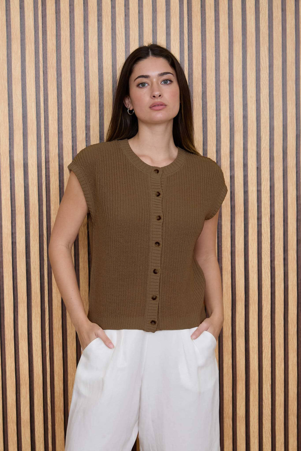 SHORT SLEEVE BUTTON DOWN KNIT CARDIGAN VEST