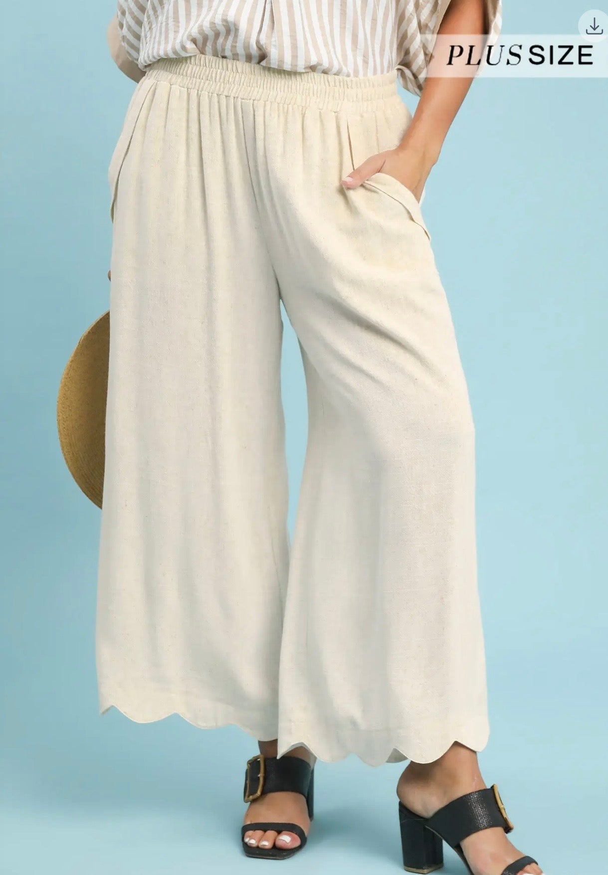 Curvy Linen Blend Scallop Hem Wide Leg Pants