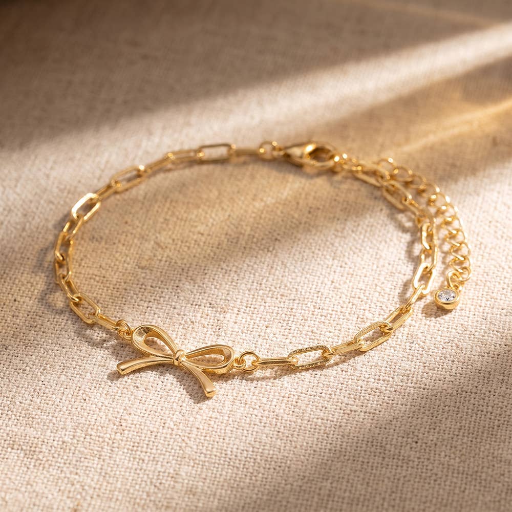 Gold Dipped Paperclip Chain Bow Charm Bracelet
